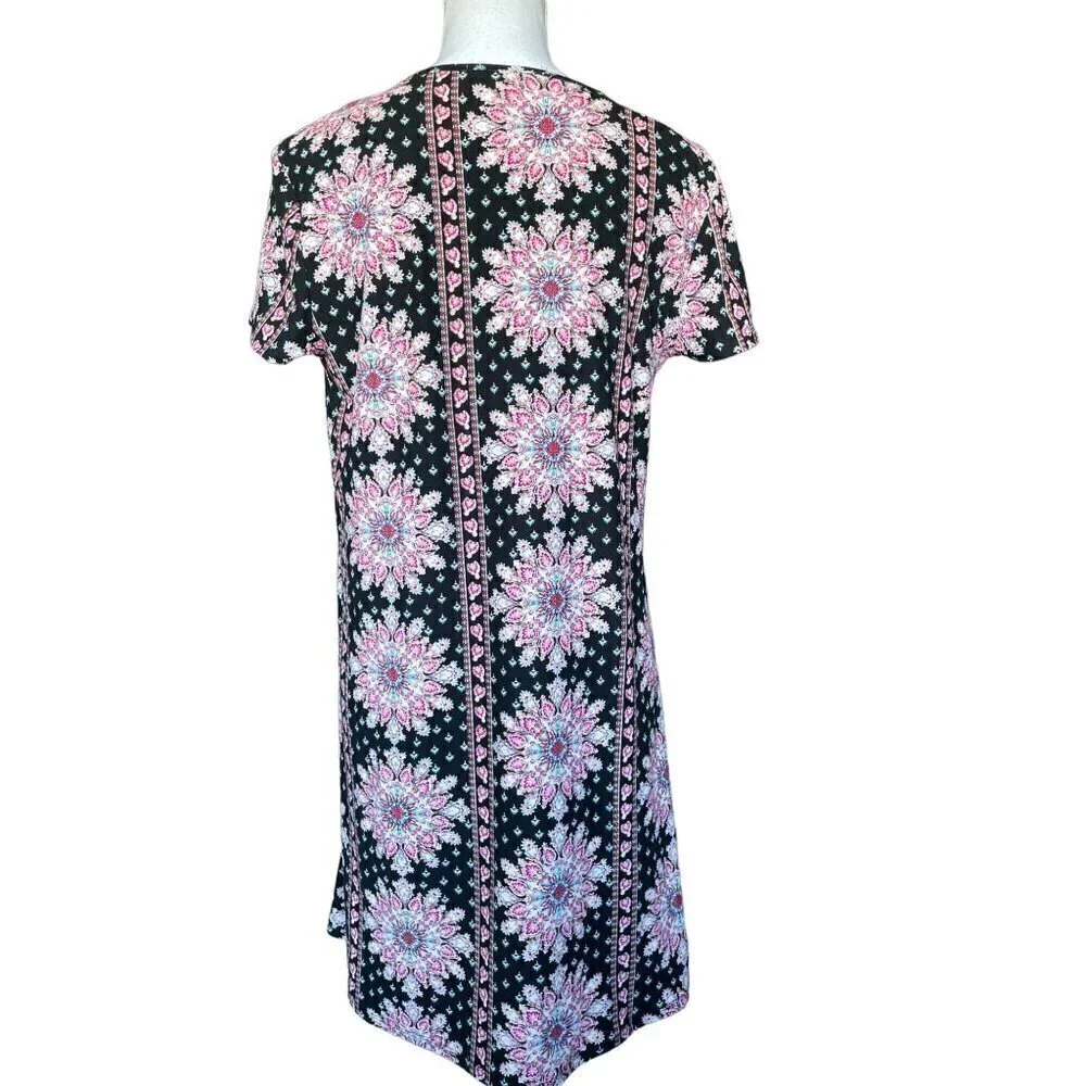 Pink Rose Dress Women's Size Large Short Sleeve Stretchy Black Pink Teal